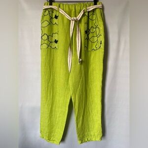 Made in Italy Pants Women Medium Pull On Green 100%  Linen Lagenlook Boho Hippie